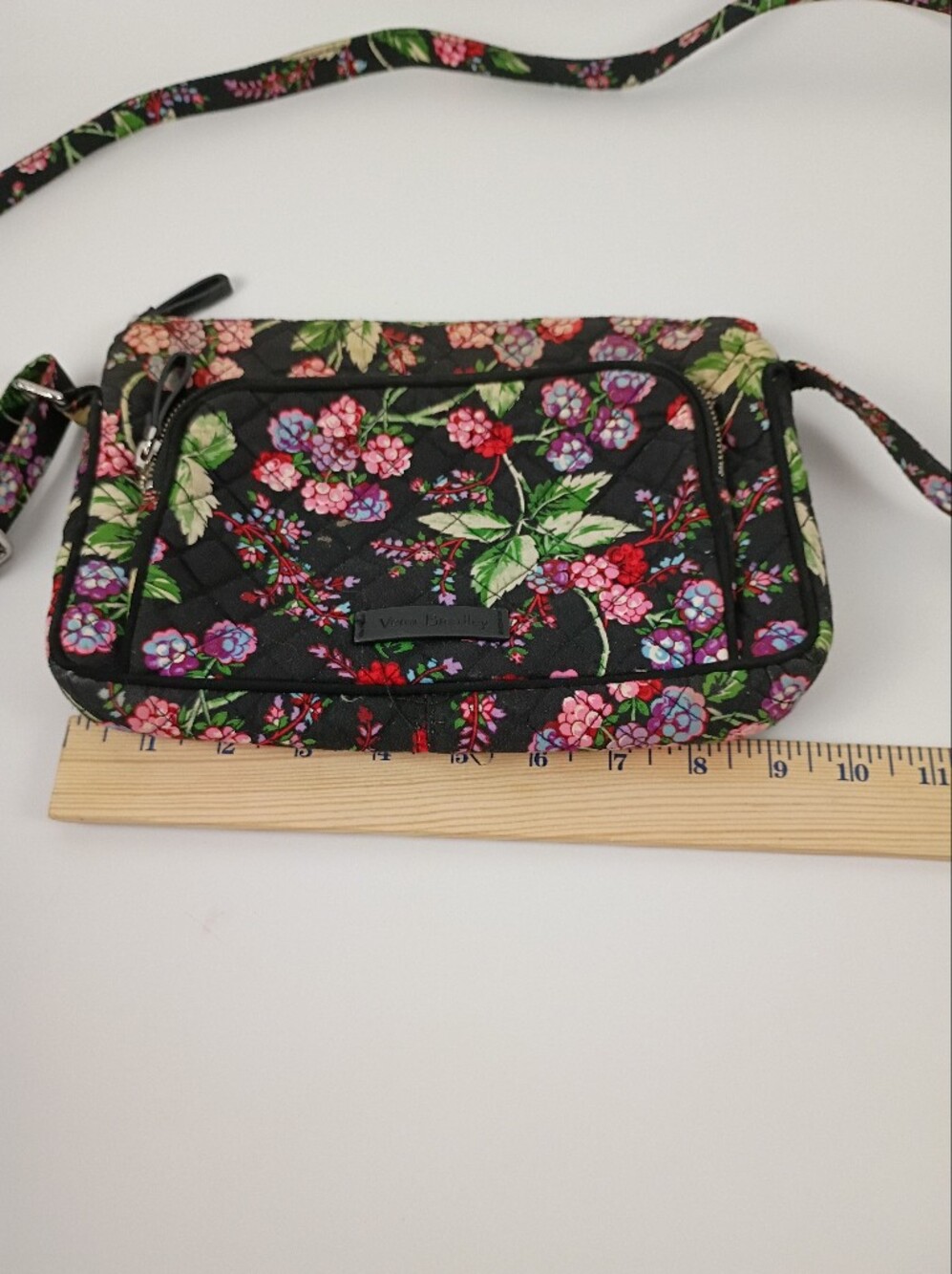 Vera Bradley Black Quilted Floral Wristlet with Pink, Purple and Green Accents